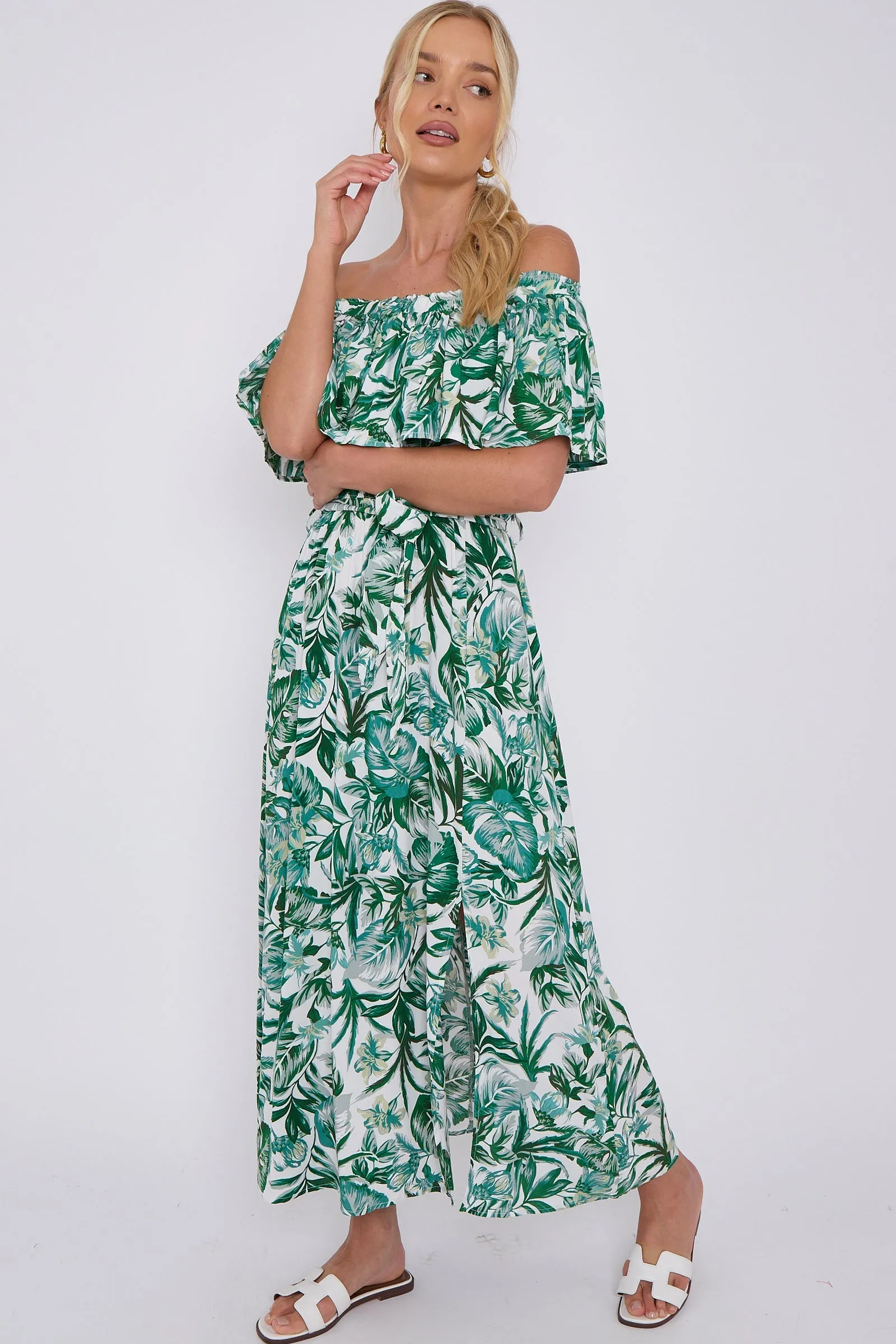 Green Leaf Floral Print Bardot Maxi Dress by LOVE SUNSHINE sold by Goddiva product image thumbnail 5