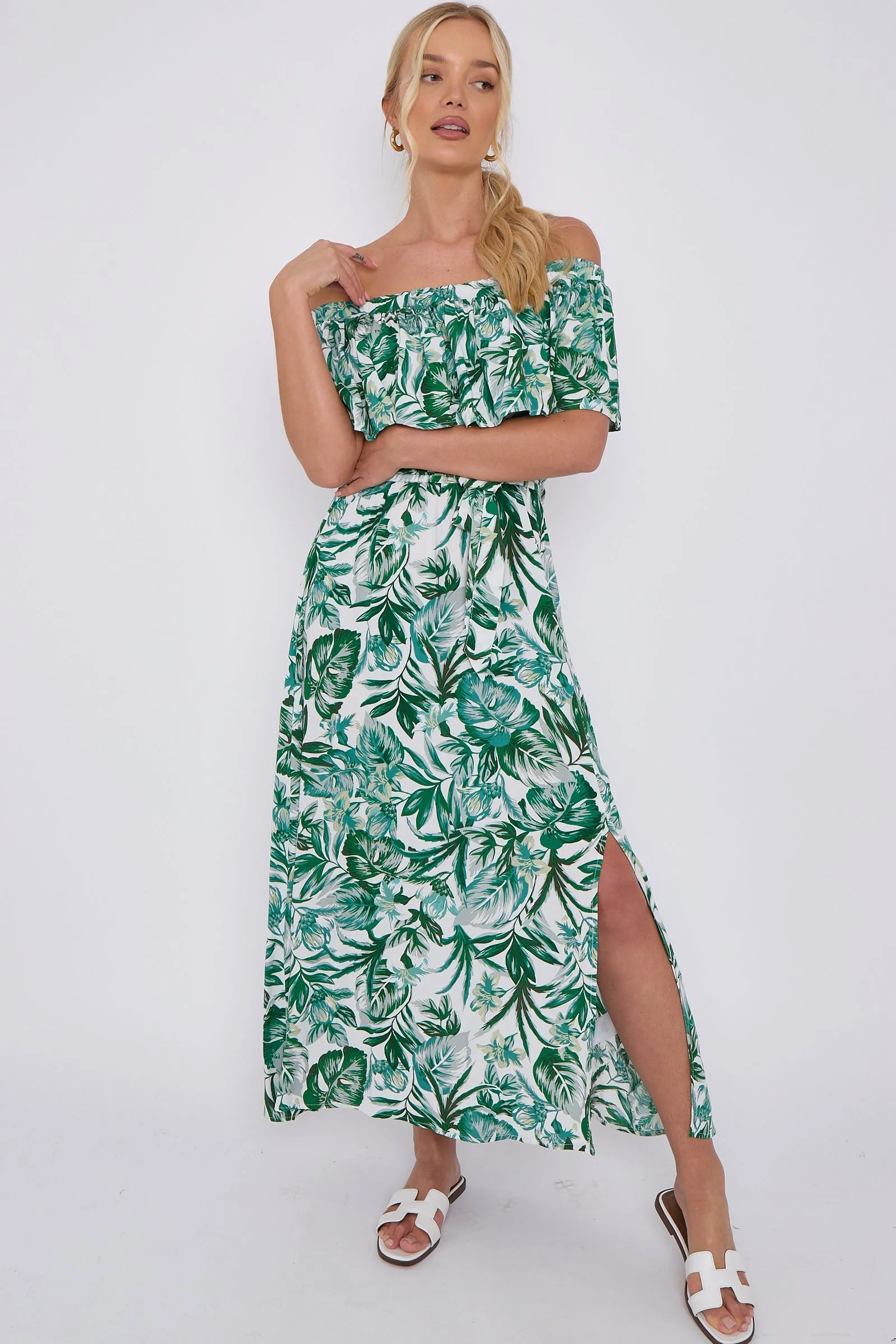 Green Leaf Floral Print Bardot Maxi Dress by LOVE SUNSHINE sold by Goddiva product image thumbnail 2