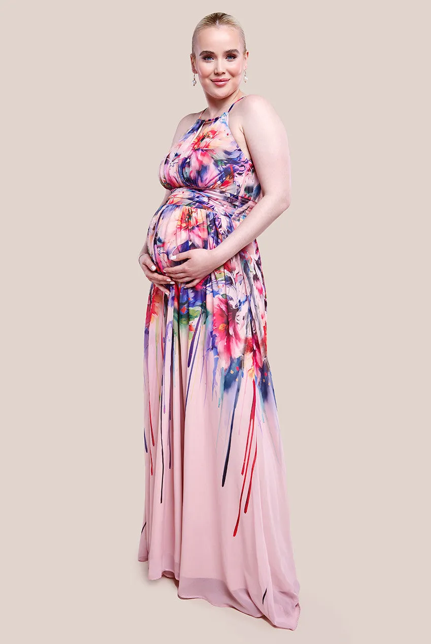 Goddiva Maternity Floral Printed Chiffon Halter Maxi Dress - Blush Floral sold by Goddiva