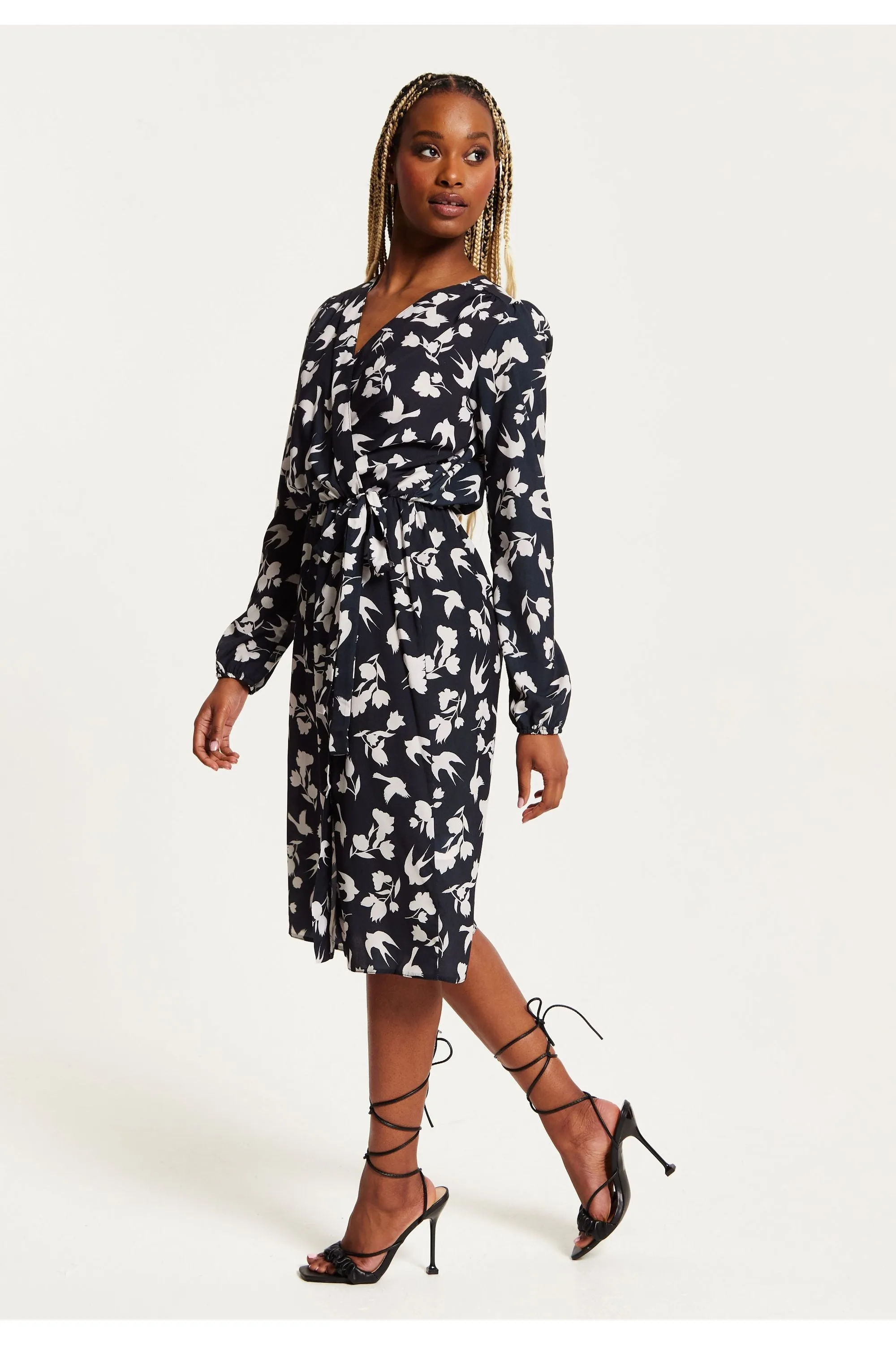 Liquorish Floral And Bird Print Midi Fake Wrap Dress In Navy sold by Goddiva product image thumbnail 4