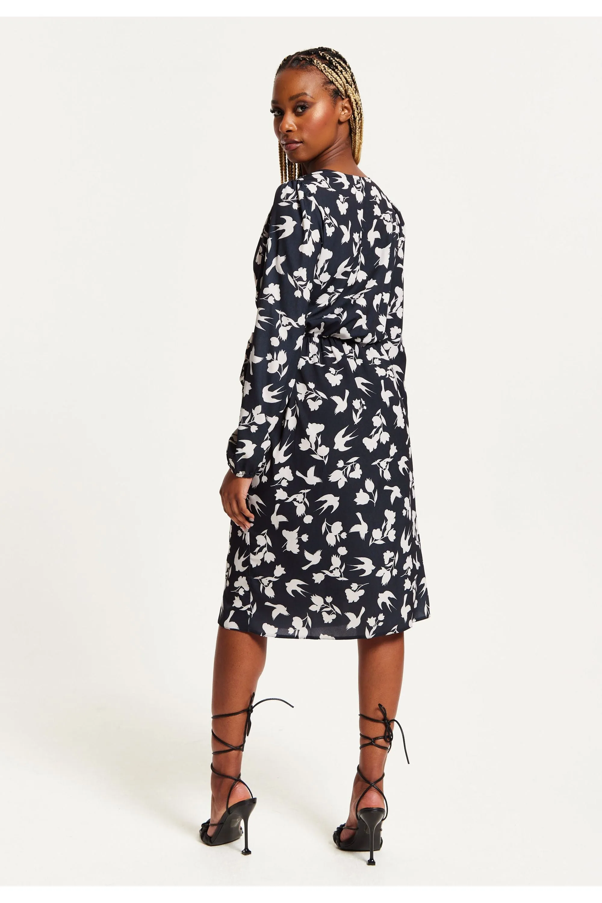 Liquorish Floral And Bird Print Midi Fake Wrap Dress In Navy sold by Goddiva product image thumbnail 5