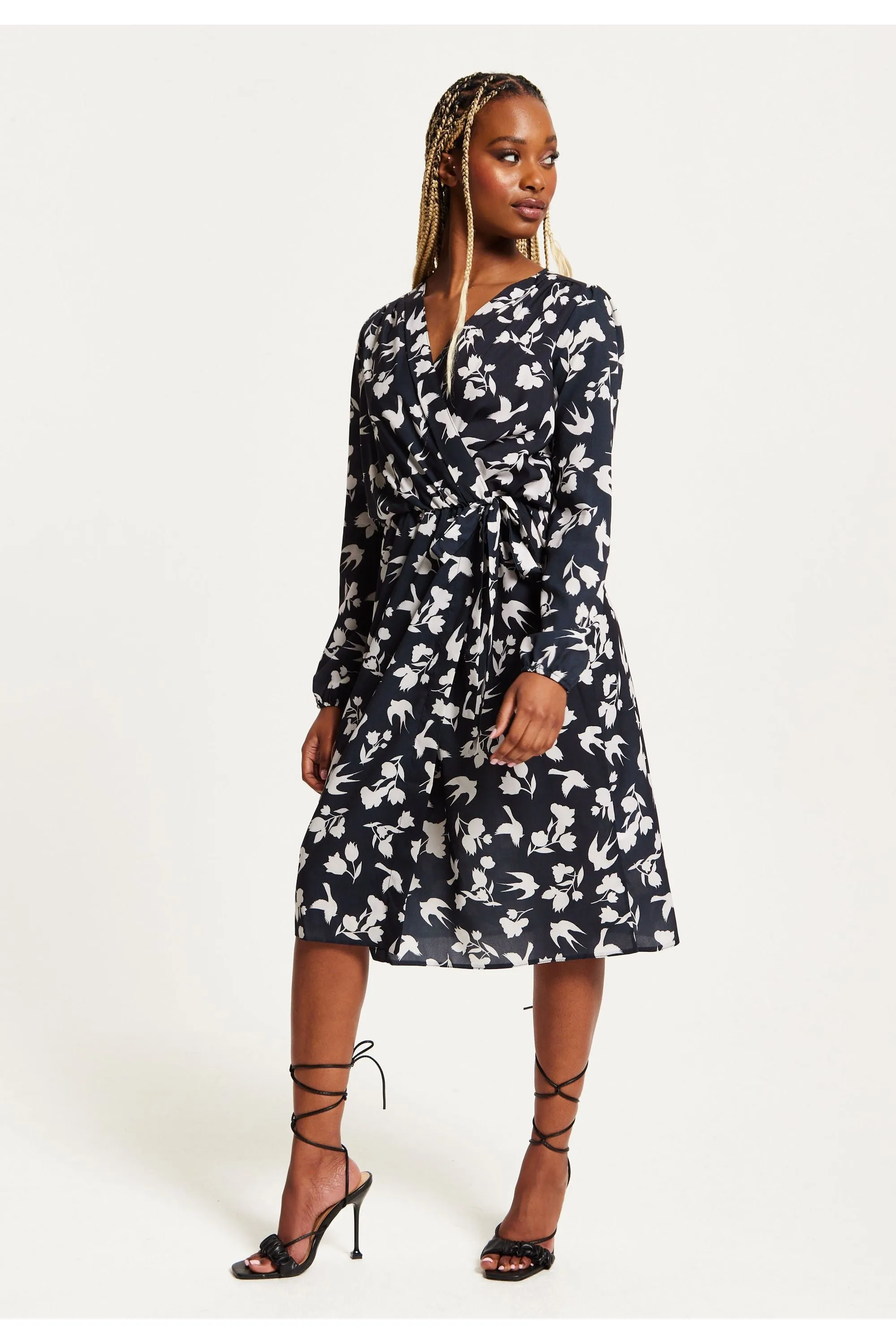 Liquorish Floral And Bird Print Midi Fake Wrap Dress In Navy sold by Goddiva product image thumbnail 2