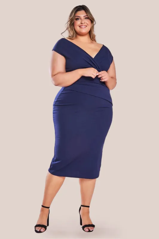 Scuba Bardot Pleated Midi Dress - Navy by Goddiva Plus sold by Goddiva