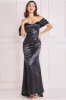 Off Shoulder Satin Maxi Dress With V Neck - Black by Goddiva sold by Goddiva