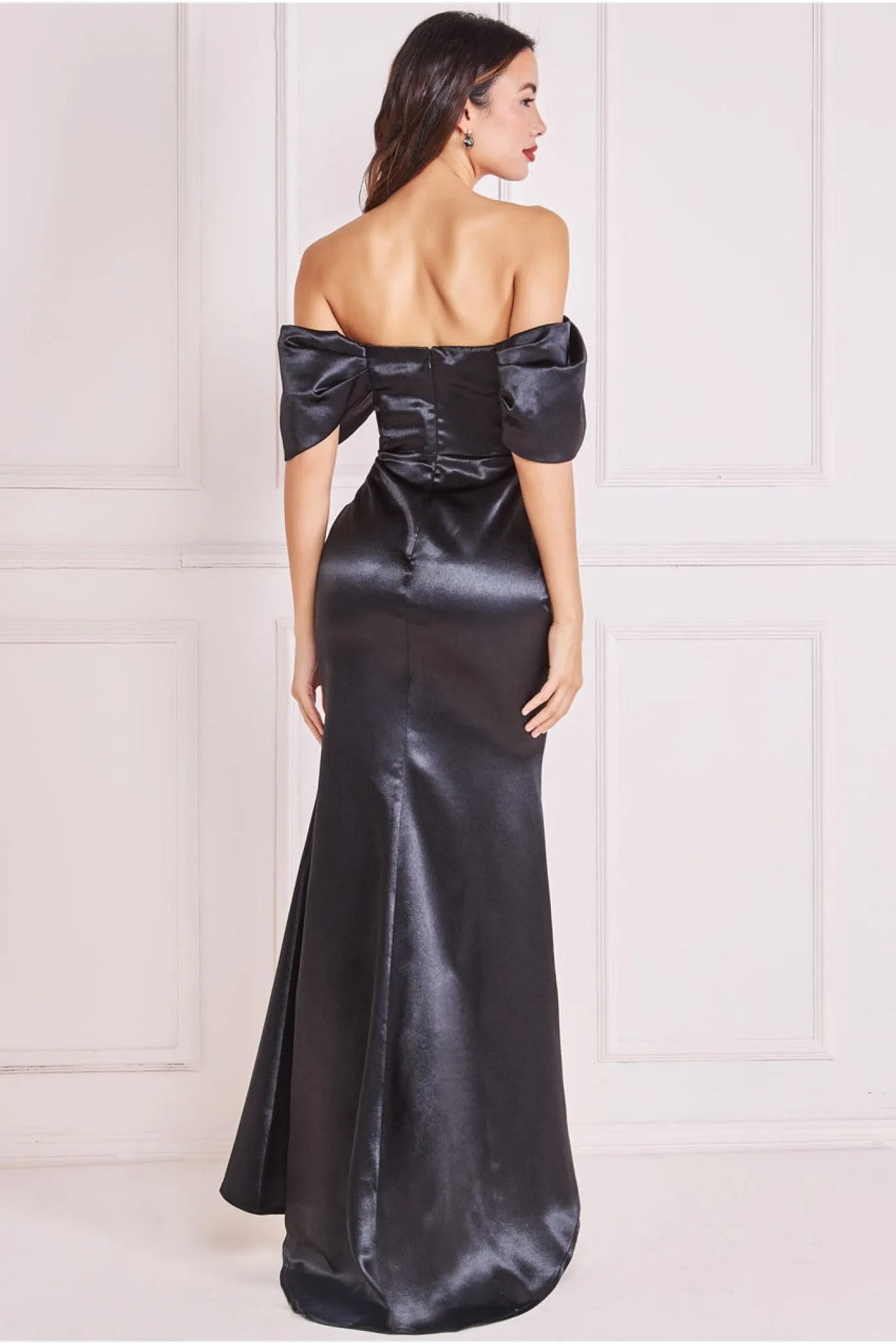 Off Shoulder Satin Maxi Dress With V Neck - Black by Goddiva sold by Goddiva product image thumbnail 3