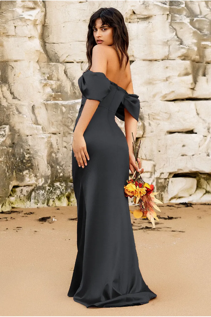 Off Shoulder Satin Maxi Dress With V Neck - Black by Goddiva sold by Goddiva product image thumbnail 2