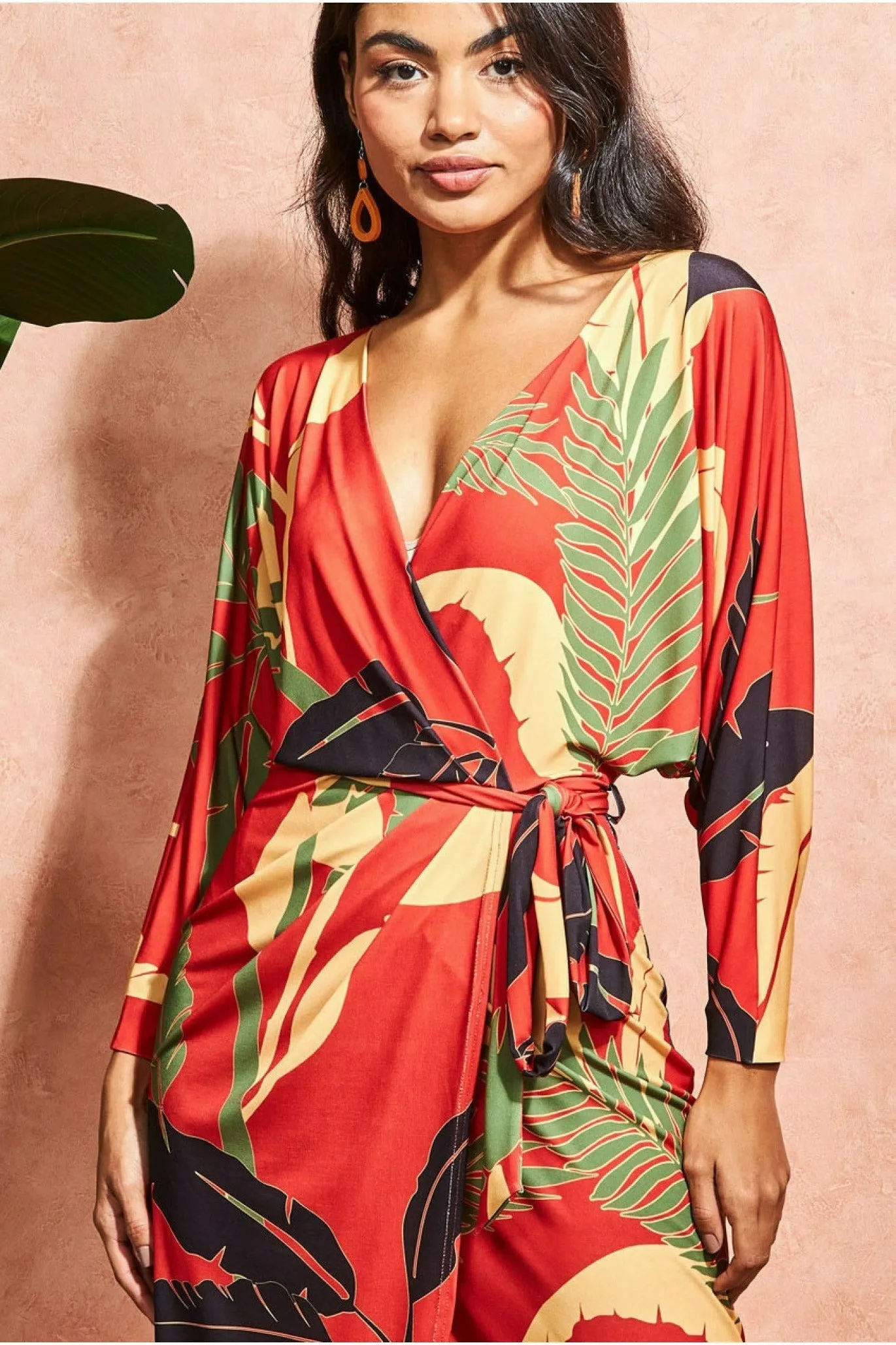 Printed Batwing Wrap Midi Dress - Orange by Goddiva sold by Goddiva product image thumbnail 3