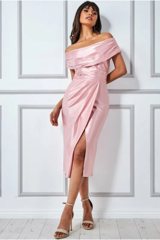 Cowl Neck Bardot Satin Midi With Front Split - Blush by Goddiva sold by Goddiva