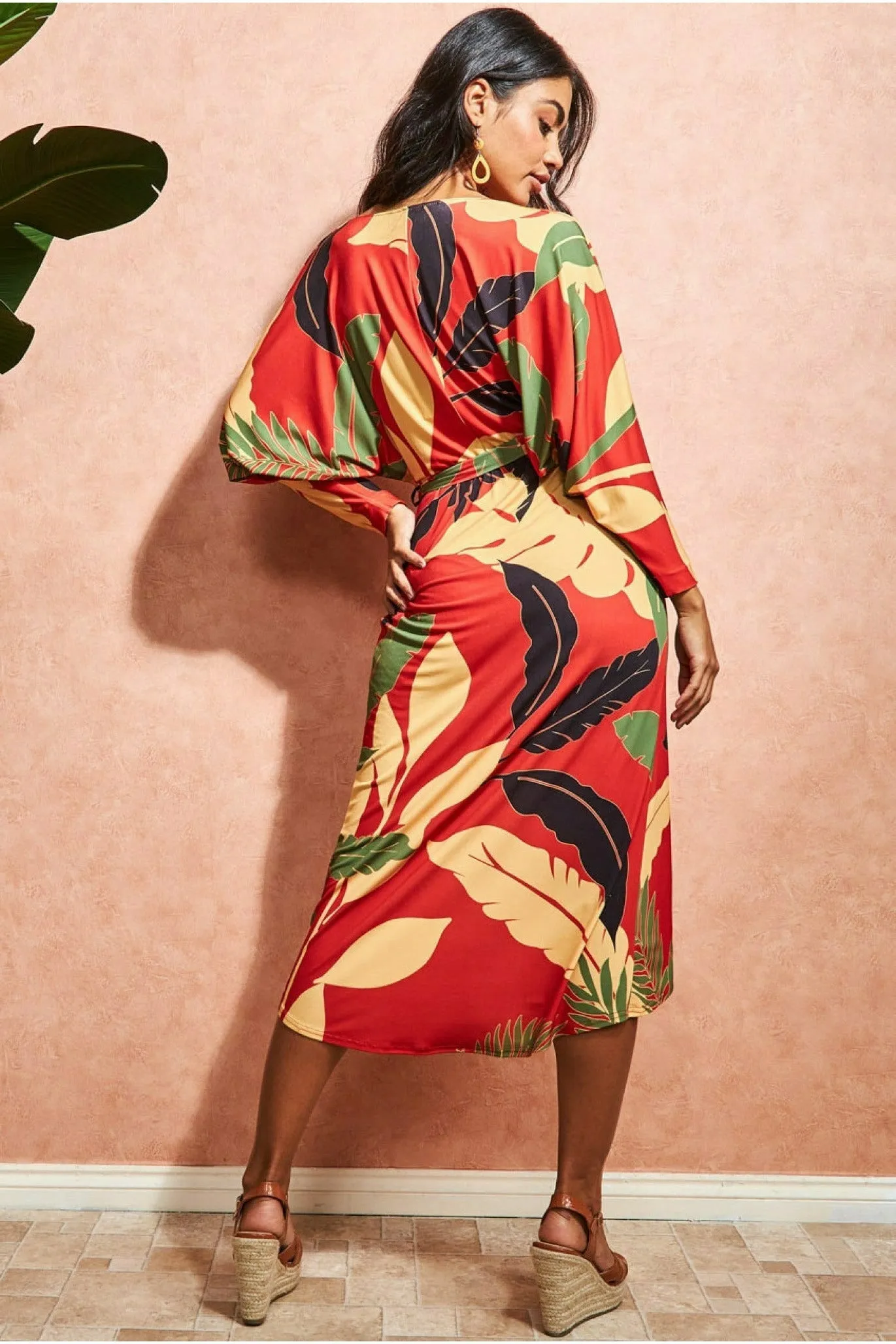 Printed Batwing Wrap Midi Dress - Orange by Goddiva sold by Goddiva product image thumbnail 2