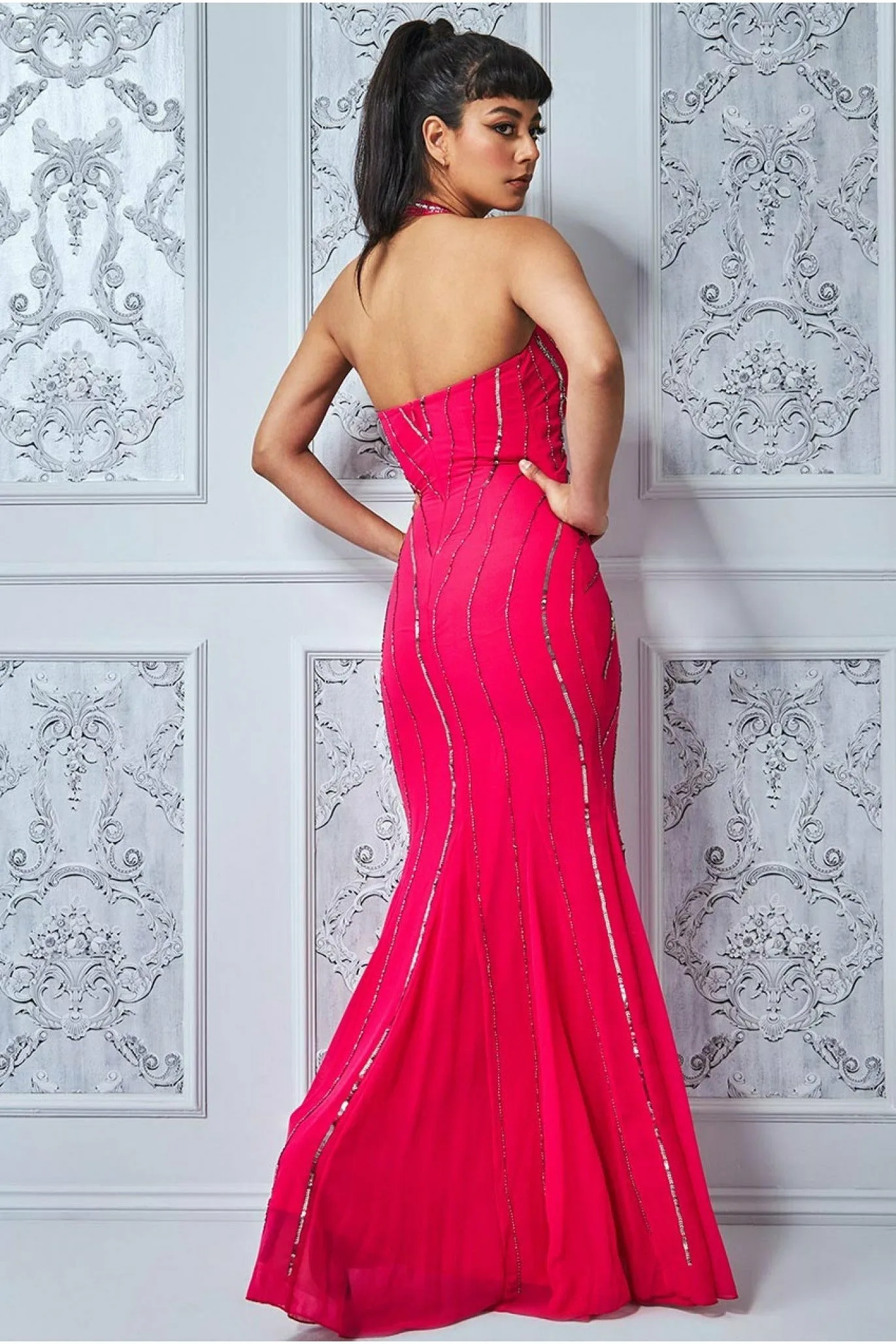 Goddiva Sequin Halter Neck Maxi Dress - Cerise sold by Goddiva product image thumbnail 2
