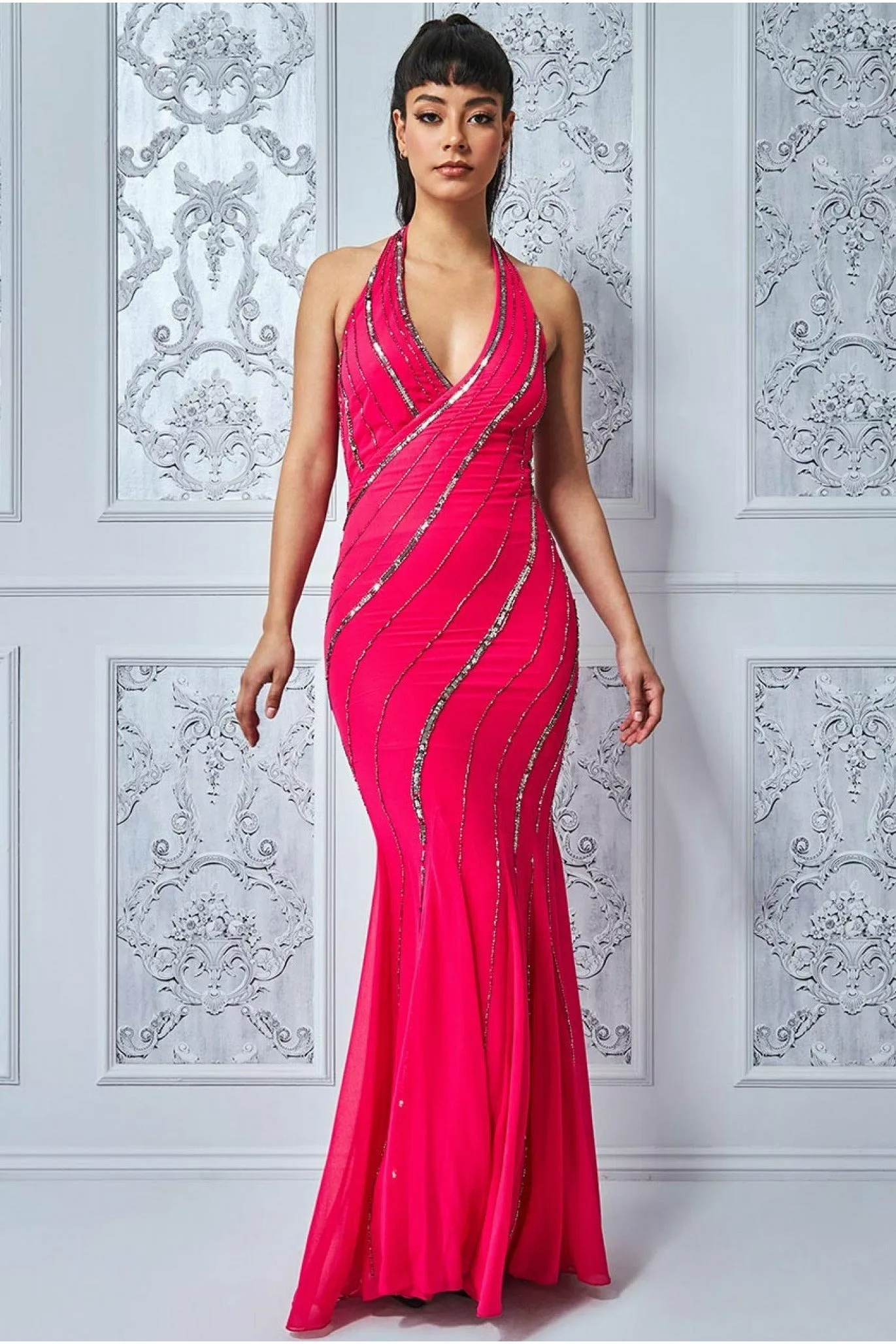 Goddiva Sequin Halter Neck Maxi Dress - Cerise sold by Goddiva product image thumbnail 3