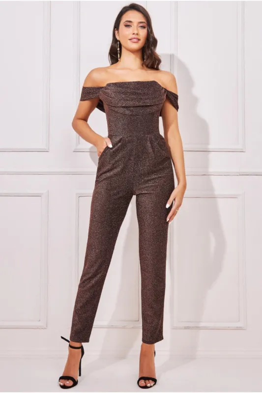 Lurex Cowl Neck Jumpsuit - Bronze by Goddiva sold by Goddiva