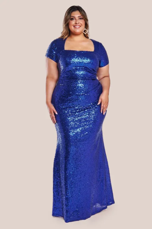 Sequin Portrait Neckline Maxi Dress - Royal Blue by Goddiva Plus sold by Goddiva