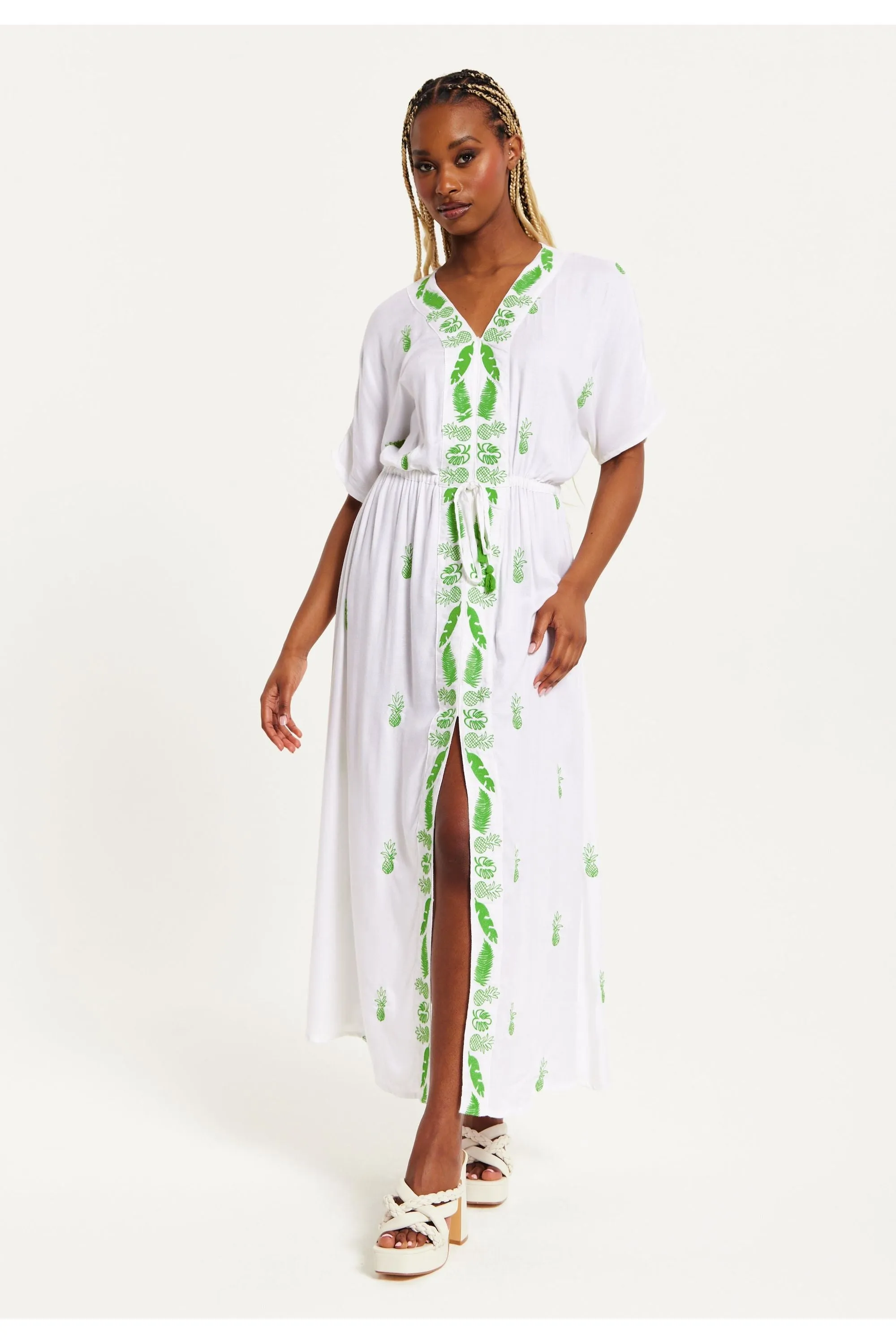 Liquorish White Maxi Beach Dress With Green Embroidery sold by Goddiva product image thumbnail 2