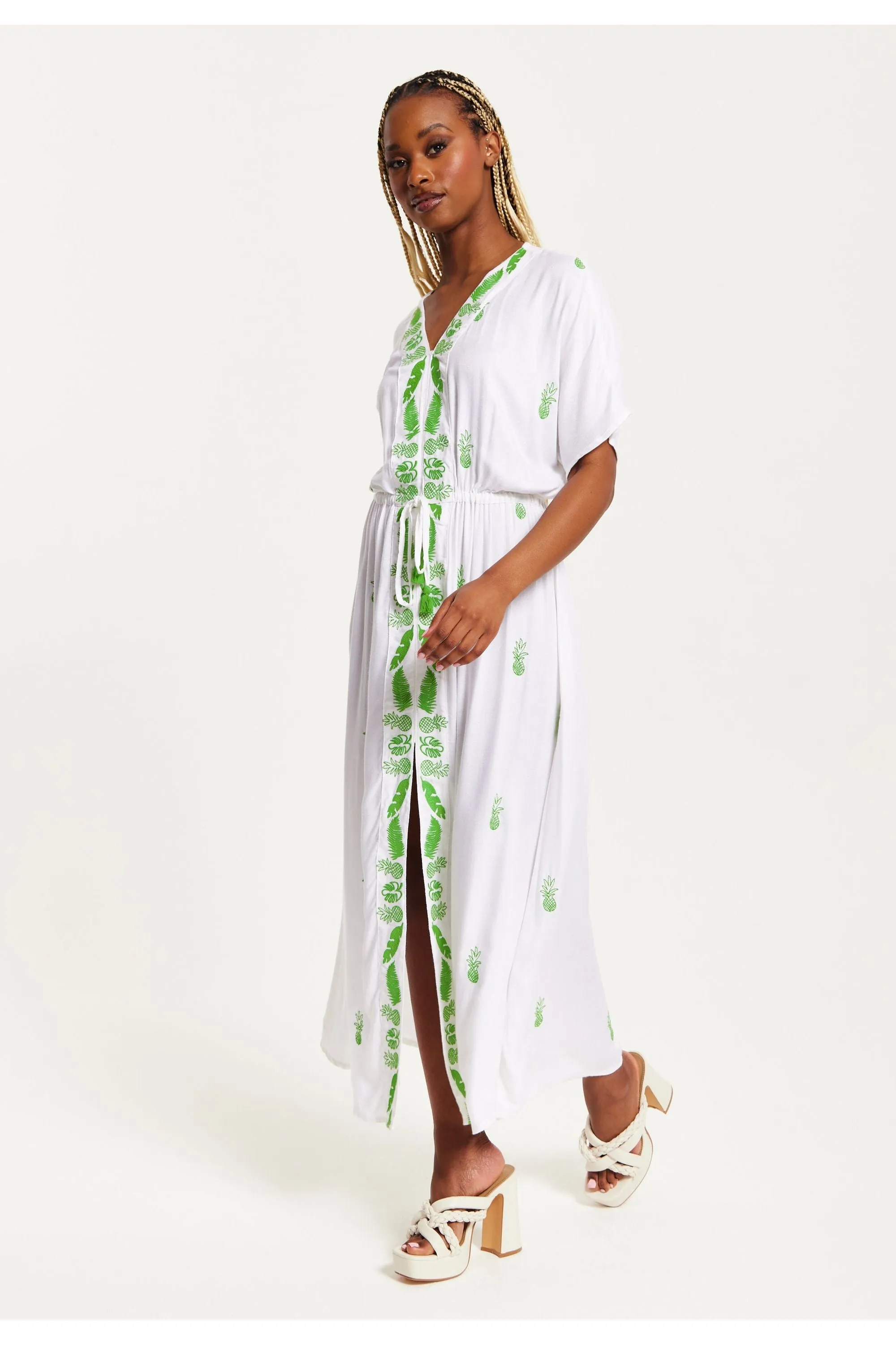 Liquorish White Maxi Beach Dress With Green Embroidery sold by Goddiva product image thumbnail 3
