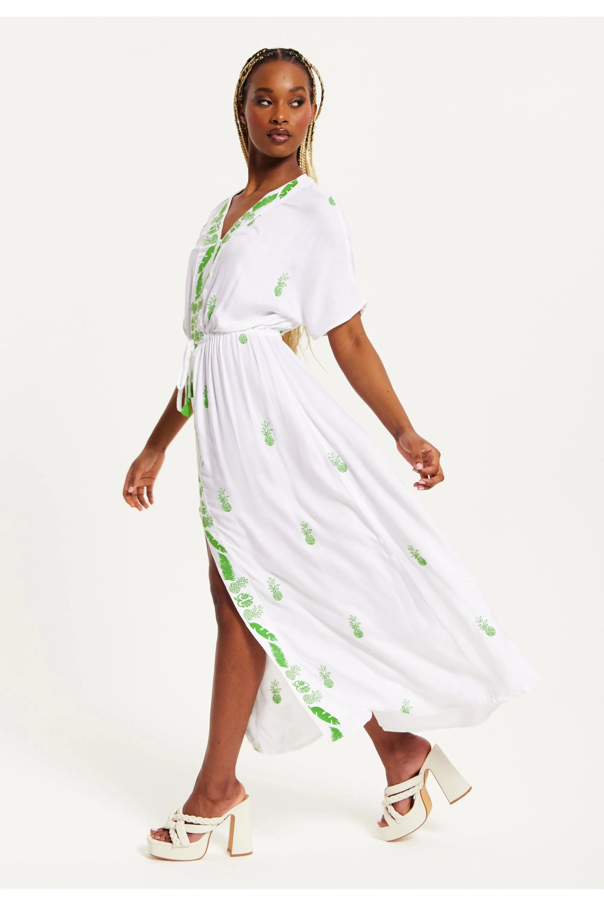 Liquorish White Maxi Beach Dress With Green Embroidery sold by Goddiva product image thumbnail 4