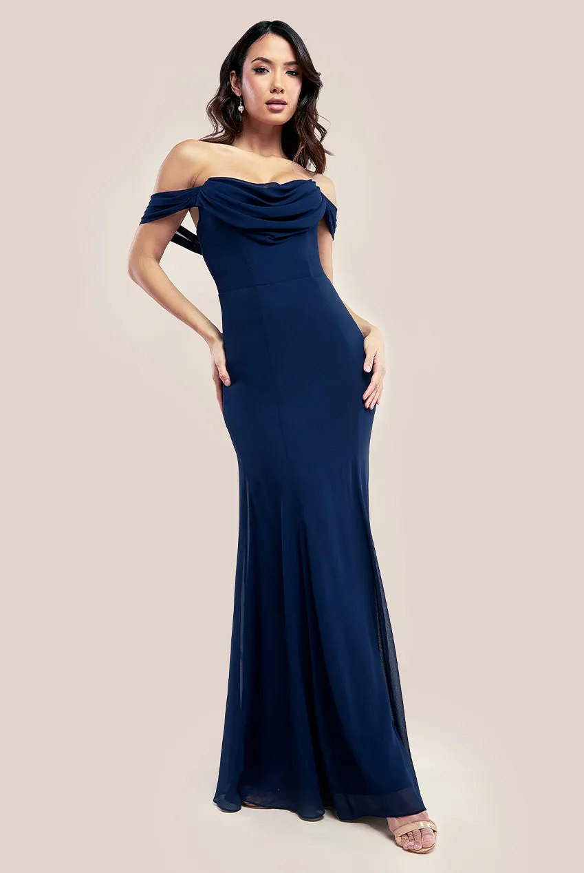 Chiffon Bardot Cowl Neck Maxi Dress - Navy by Goddiva sold by Goddiva