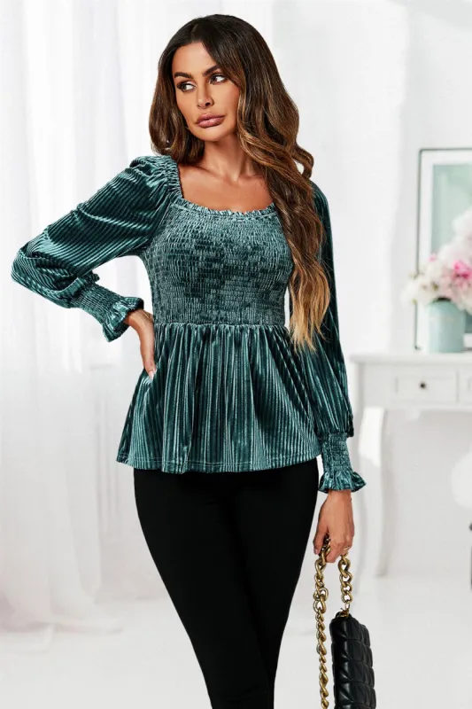 Bardot Velvet Top In Green by FS Collection sold by Goddiva
