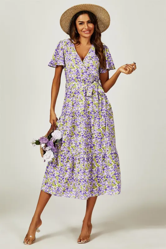 FS Collection Floral Print Hem Tiered Wrap Midi Dress In Purple sold by Goddiva