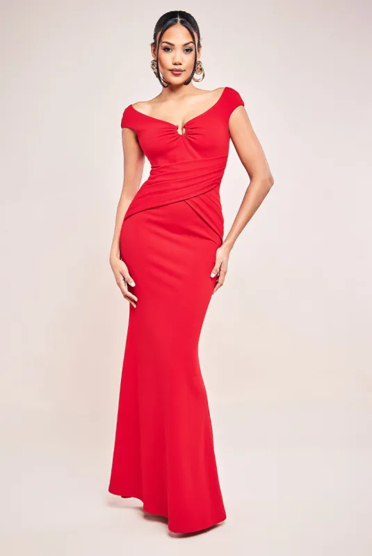 Bardot Pleated Maxi With Metal Trim Maxi Dress - Red by Goddiva sold by Goddiva