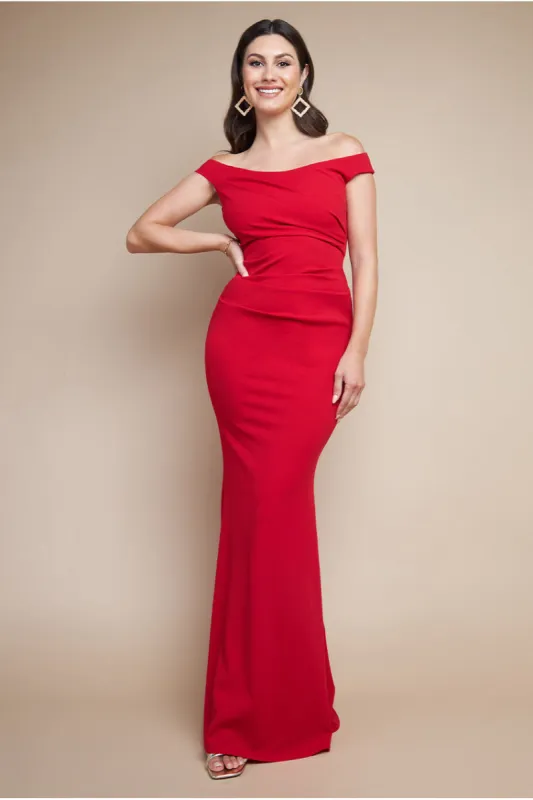 Goddiva Off The Shoulder Scuba Maxi Dress - Red sold by Goddiva
