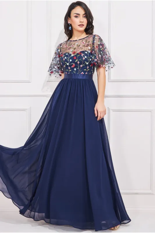 Embroidered Top Flutter Sleeve Maxi - Navy by Goddiva sold by Goddiva