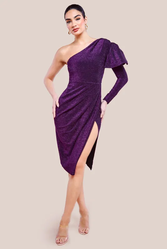 One Sleeve Frill Lurex Midi Dress - Purple by Goddiva sold by Goddiva