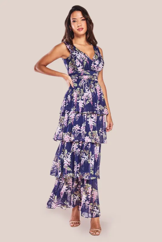 Multilayered Chiffon Maxi Dress - Navy Floral by Goddiva sold by Goddiva
