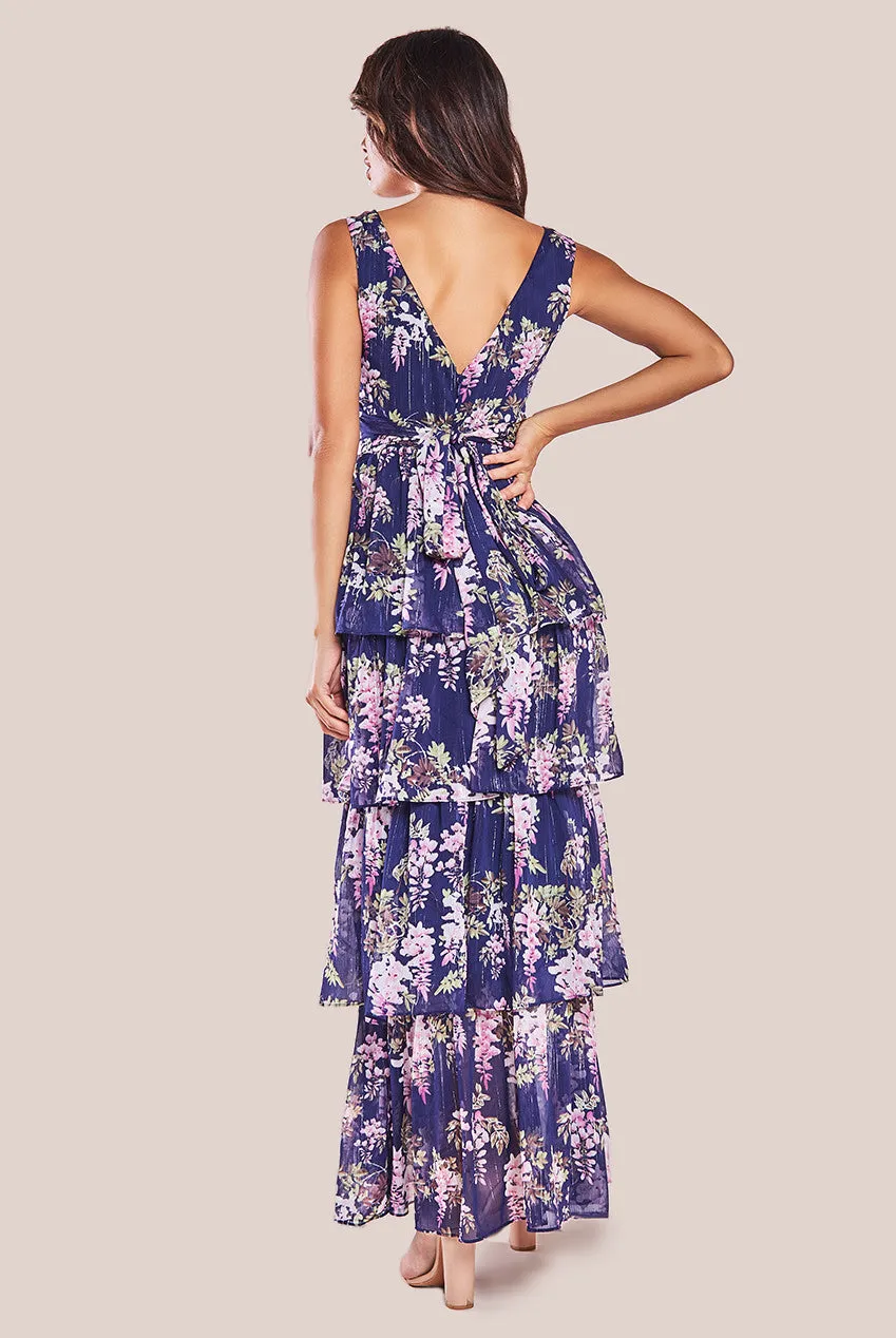Multilayered Chiffon Maxi Dress - Navy Floral by Goddiva sold by Goddiva product image thumbnail 2