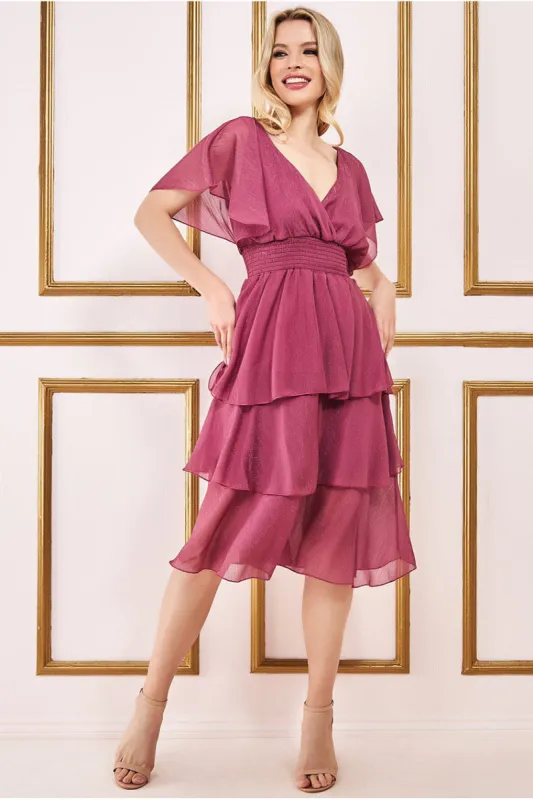 Chiffon Layered Flutter Sleeve Midi Dress - Pink by Goddiva sold by Goddiva