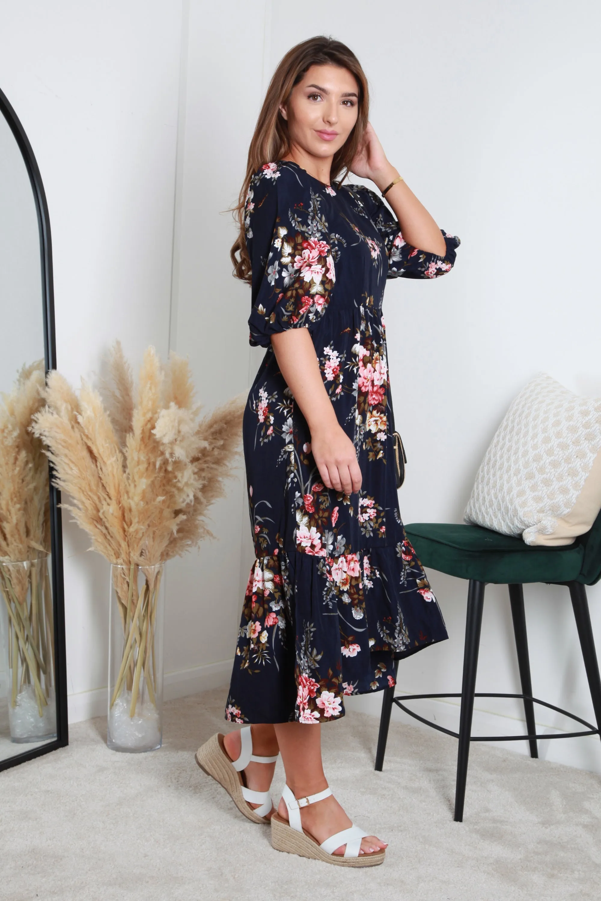 Double Second Navy Floral Printed A-line Tiered Dress sold by Goddiva product image thumbnail 4