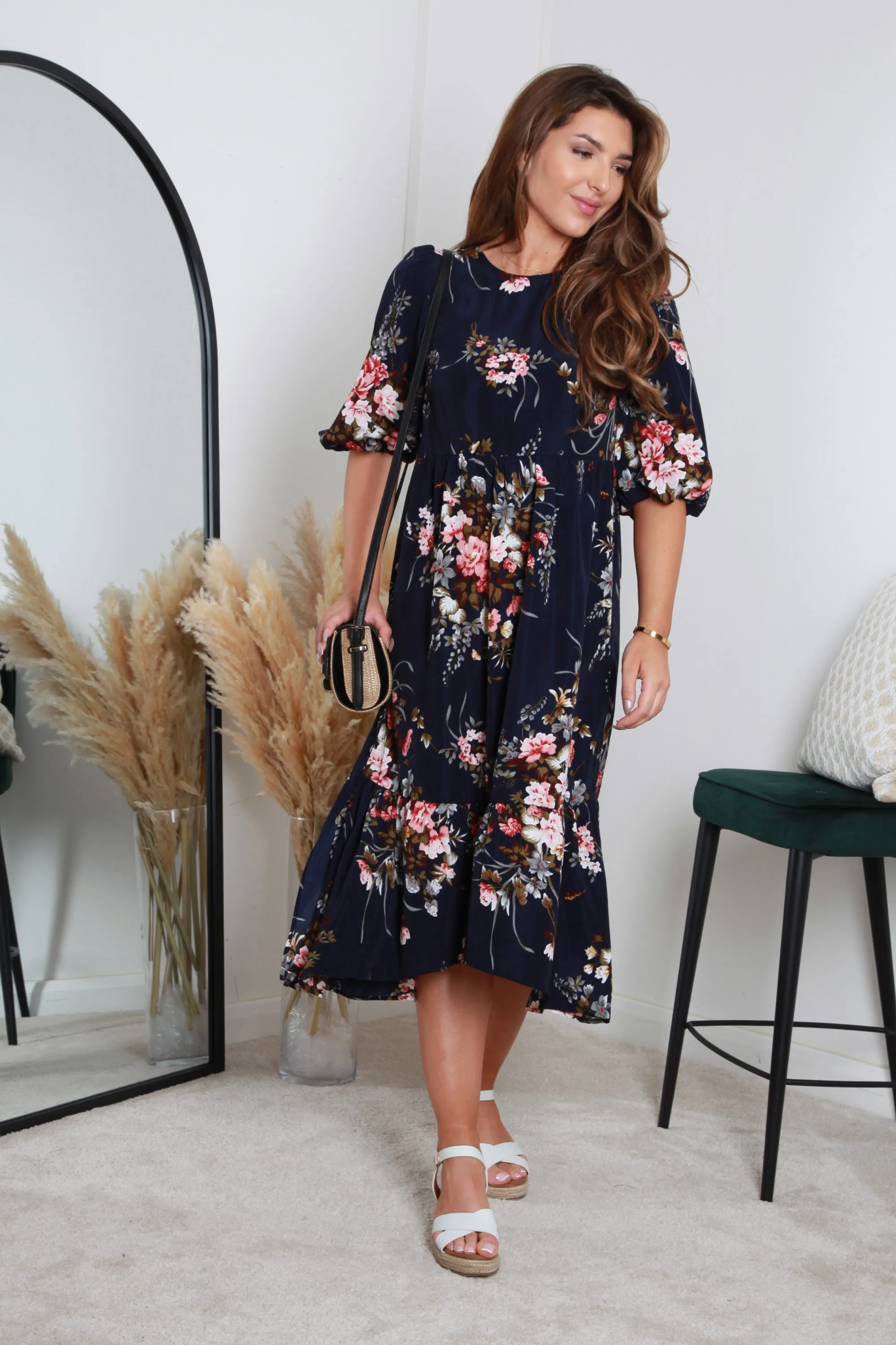 Double Second Navy Floral Printed A-line Tiered Dress sold by Goddiva product image thumbnail 2