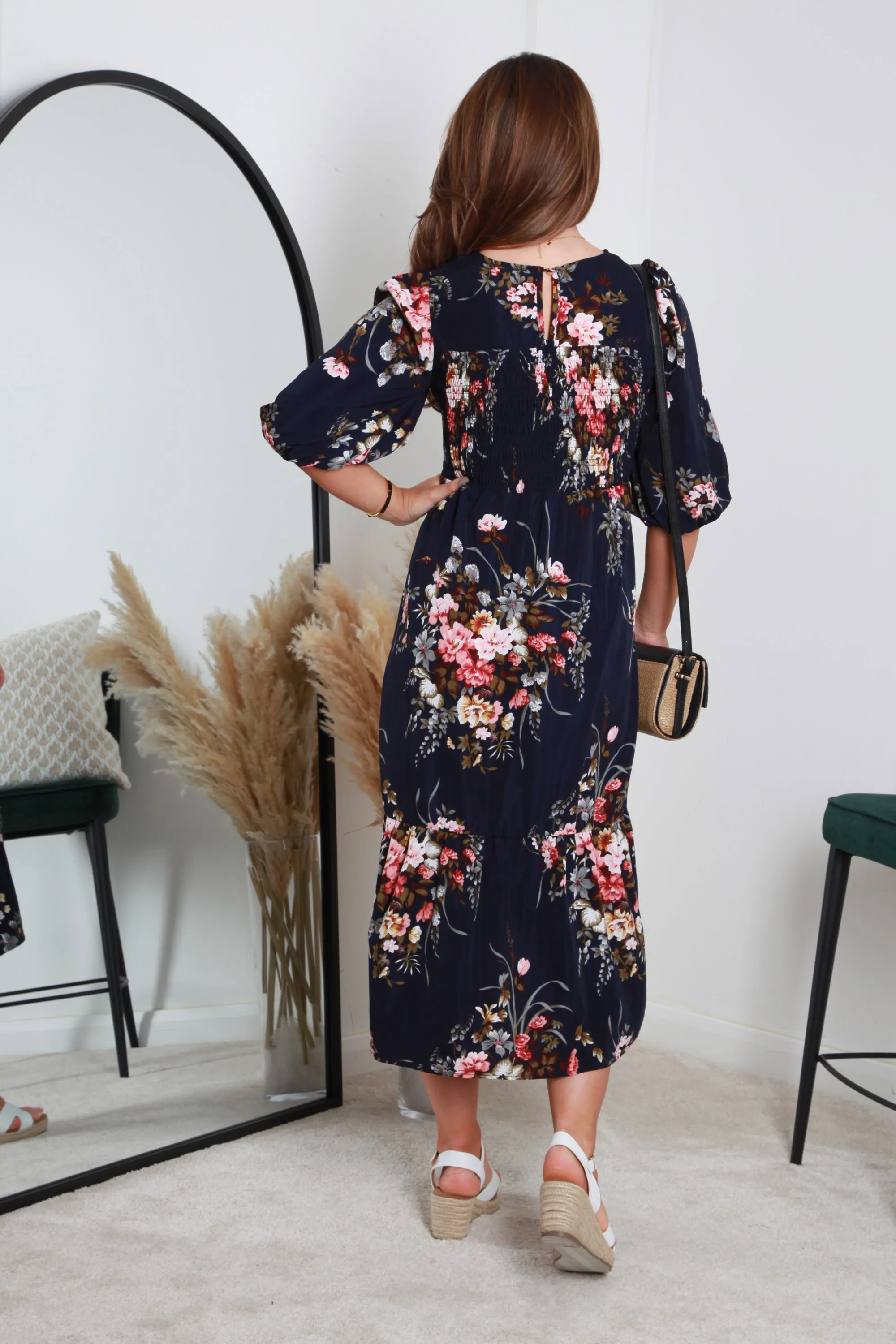 Double Second Navy Floral Printed A-line Tiered Dress sold by Goddiva product image thumbnail 5