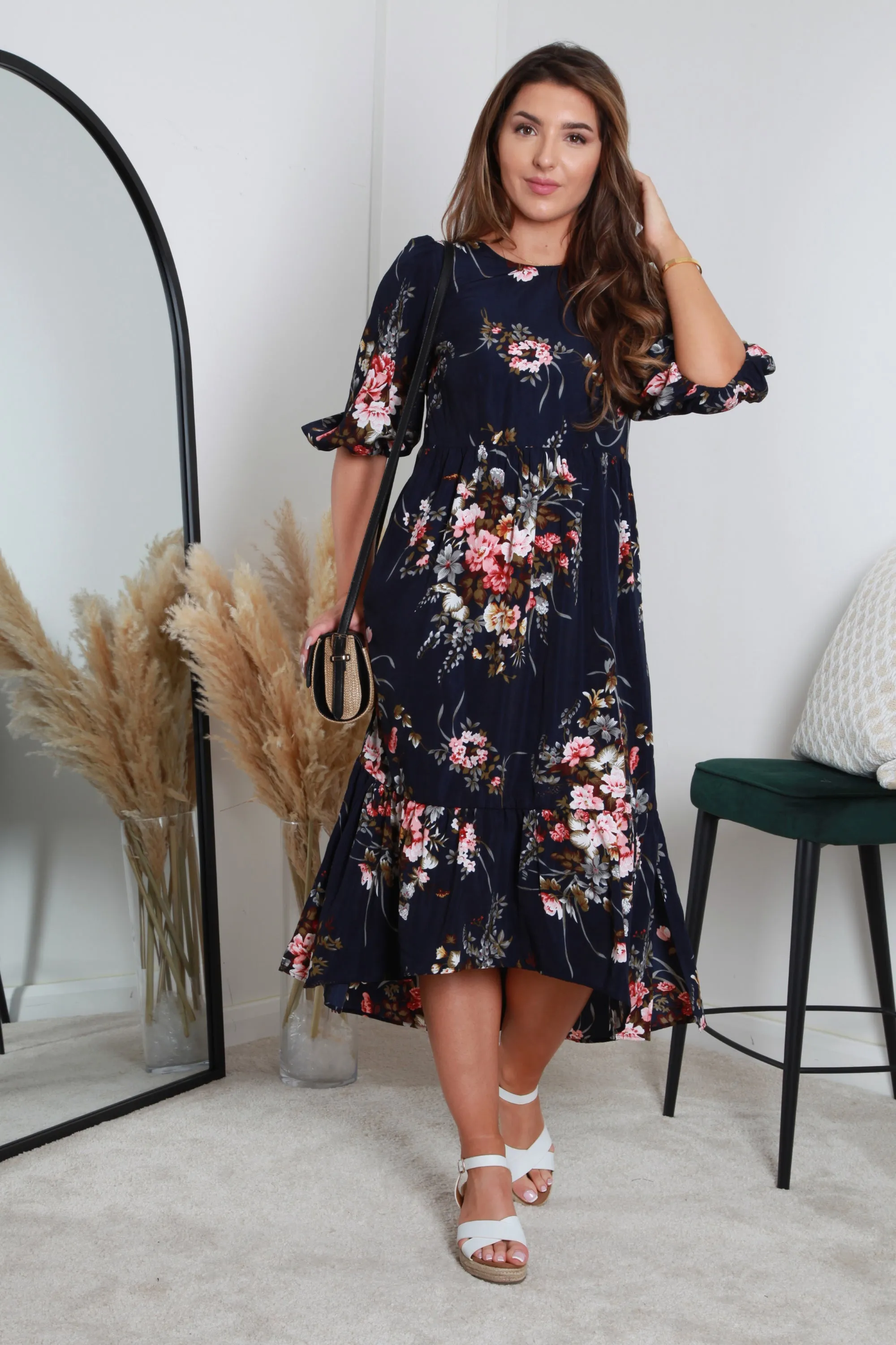 Double Second Navy Floral Printed A-line Tiered Dress sold by Goddiva product image thumbnail 3