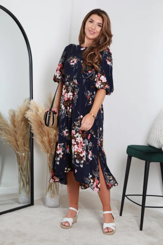 Double Second Navy Floral Printed A-line Tiered Dress sold by Goddiva