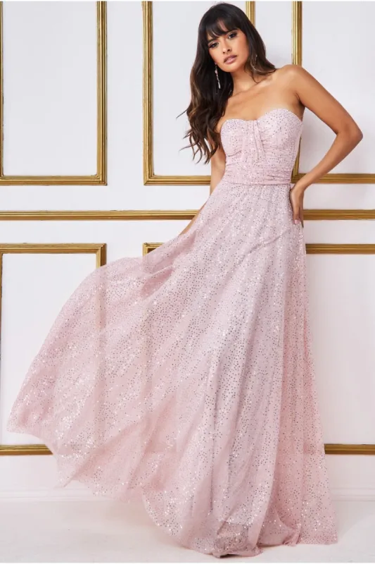 Goddiva Bandeau Sequin & Mesh Maxi Dress - Blush sold by Goddiva