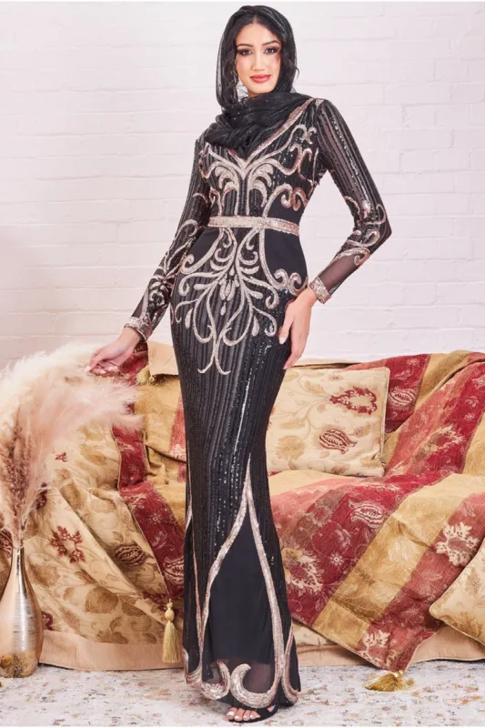 Goddiva Modesty Sequin & Mesh Maxi Dress - Black sold by Goddiva