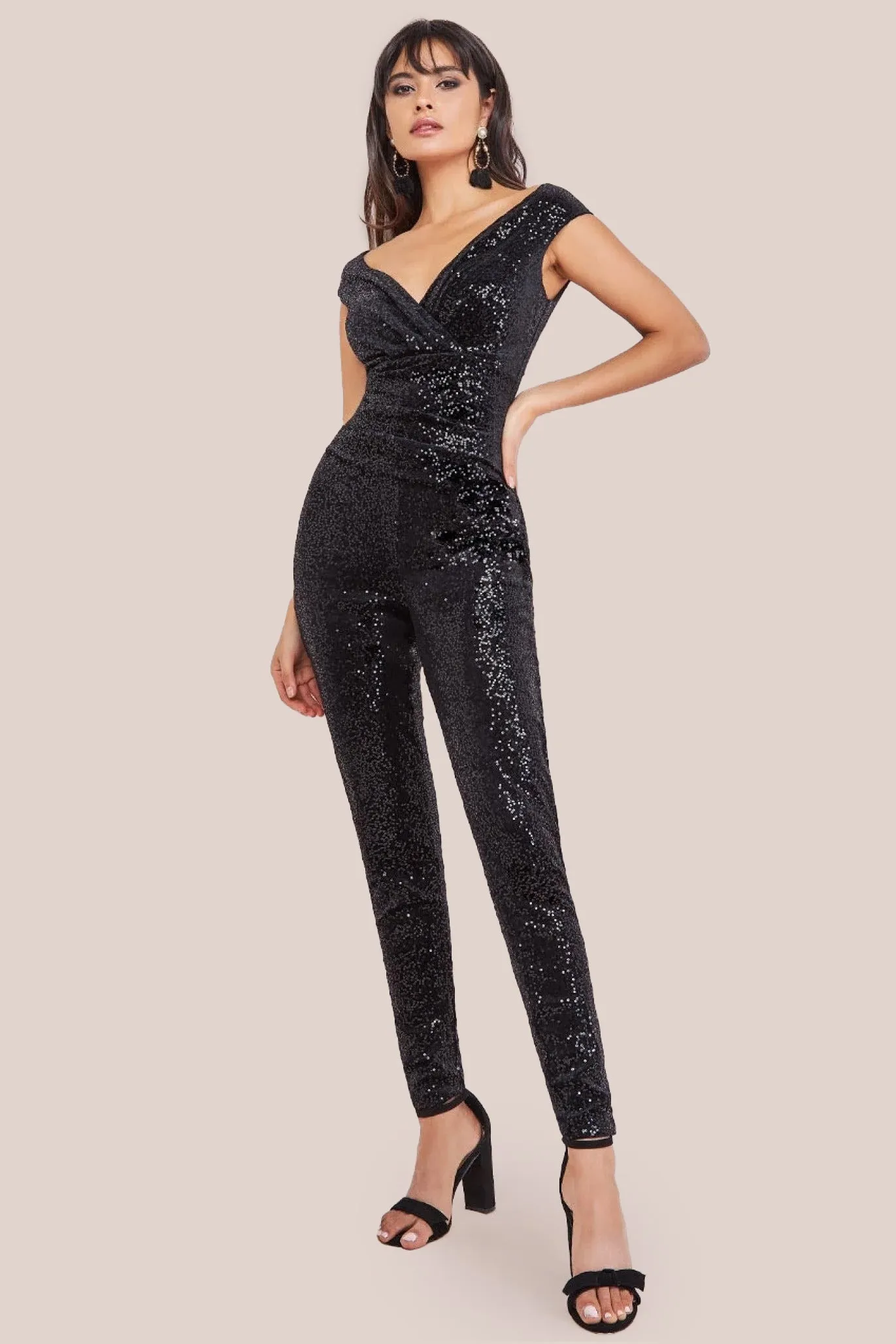 Sequin Velvet Bardot Jumpsuit - Black by Goddiva sold by Goddiva