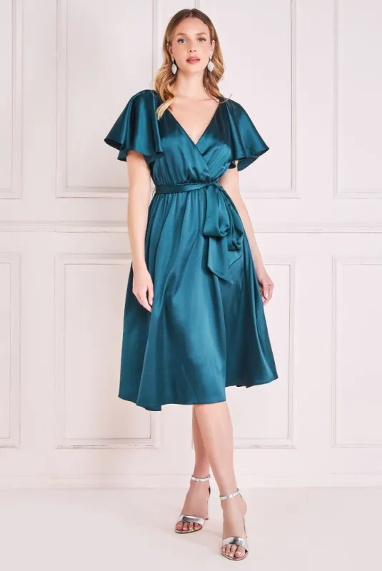 Flutter Sleeve With Elastic Midi Dress - Emerald Green by Goddiva sold by Goddiva