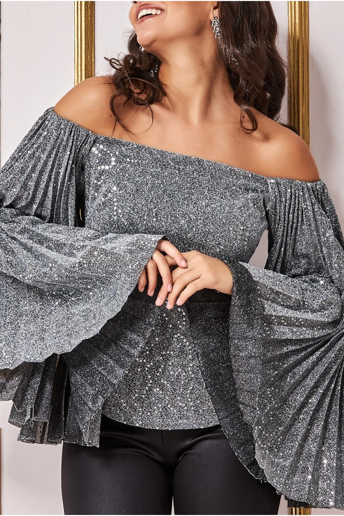 Sequin Lurex Bardot Pleated Sleeve Top - Silver by Goddiva sold by Goddiva product image thumbnail 4