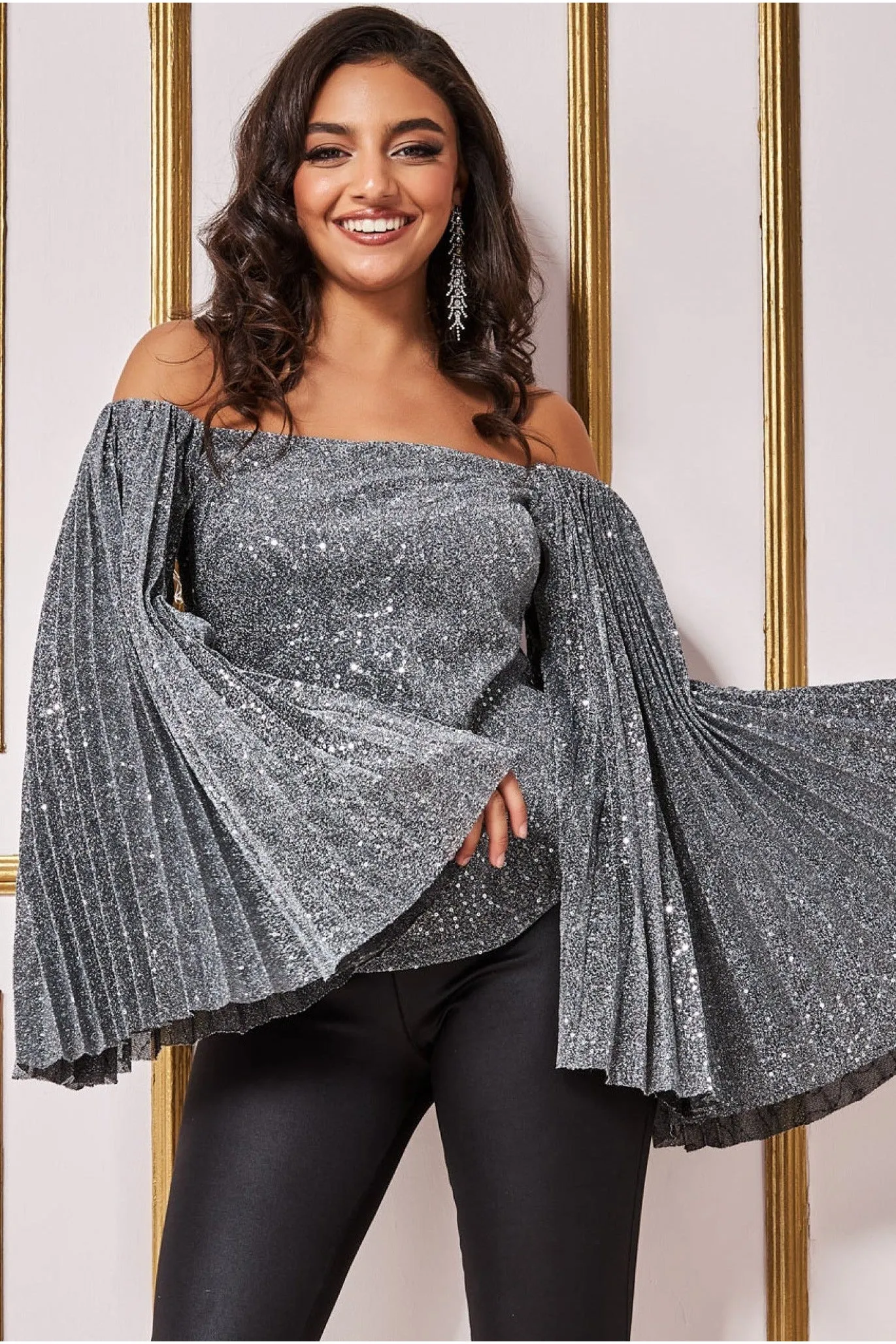 Sequin Lurex Bardot Pleated Sleeve Top - Silver by Goddiva sold by Goddiva