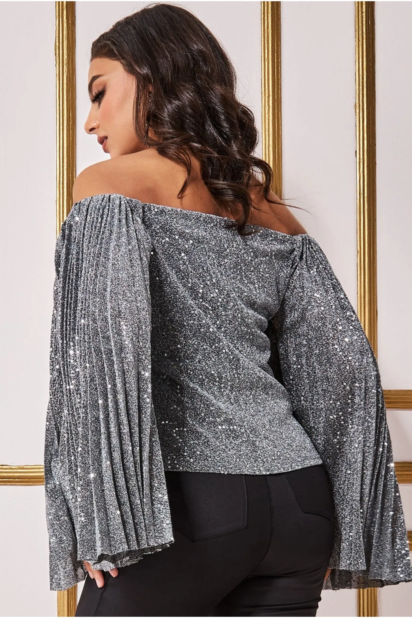 Sequin Lurex Bardot Pleated Sleeve Top - Silver by Goddiva sold by Goddiva product image thumbnail 2