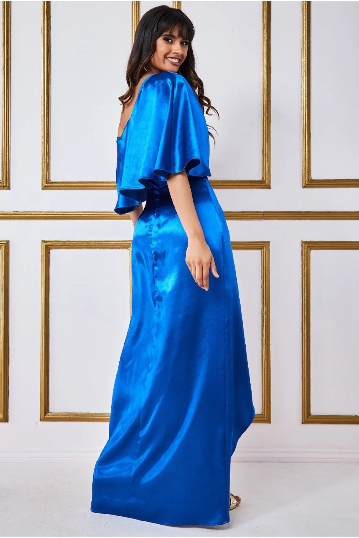 Satin Drape Shoulder Wrap Maxi Dress - Royal Blue by Goddiva sold by Goddiva product image thumbnail 2