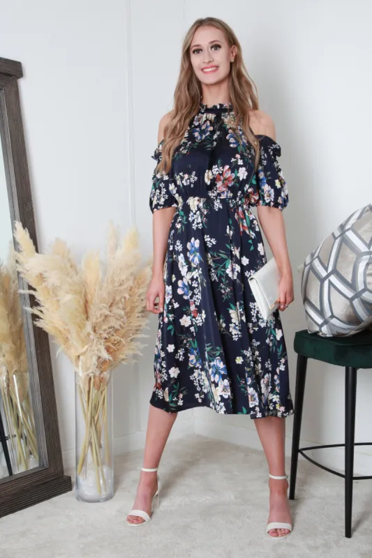 Printed Cold Shoulder Floral Dress by Double Second sold by Goddiva