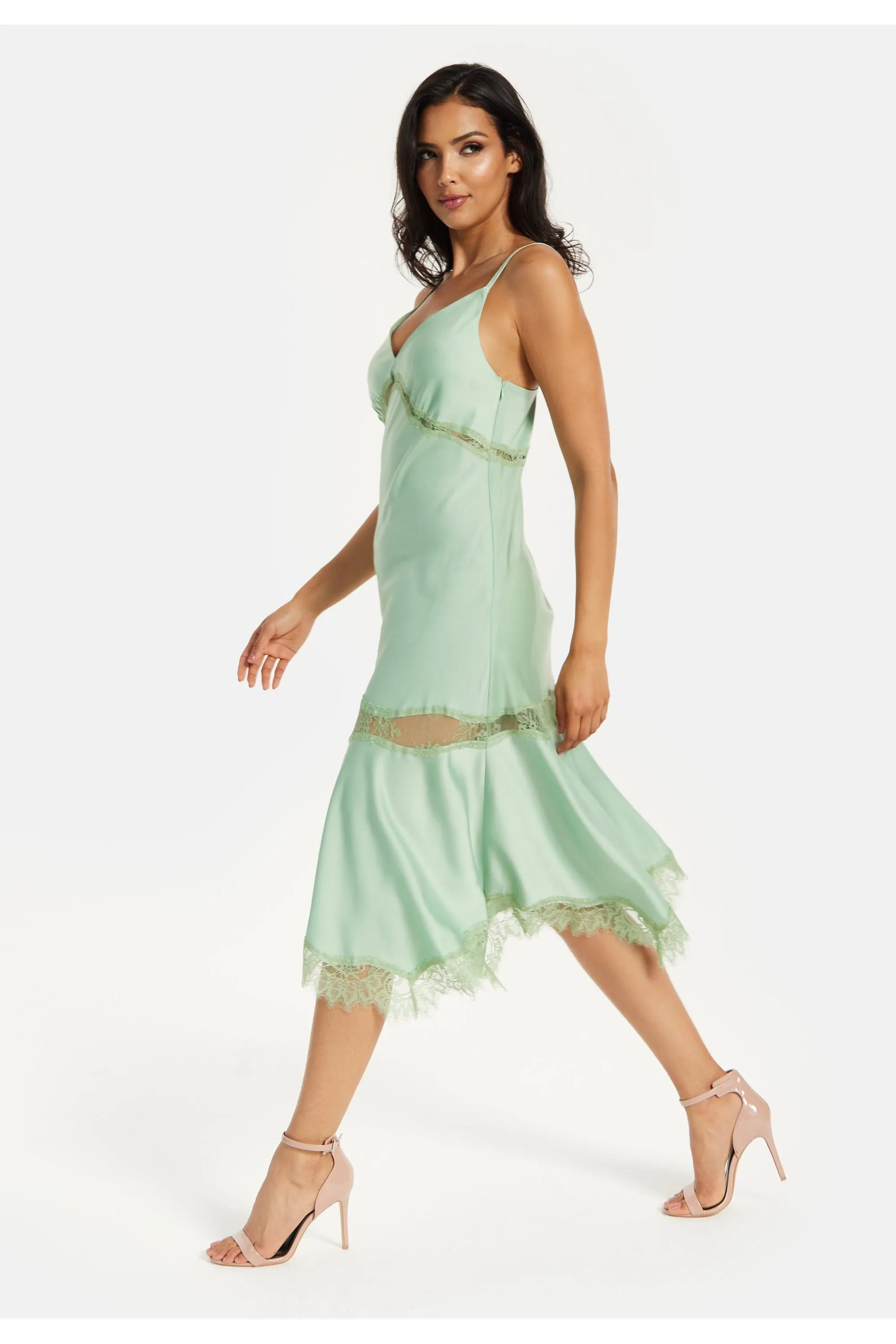 Fine Lace Detail Strip Midi Dress In Sage Green by Liquorish sold by Goddiva product image thumbnail 5