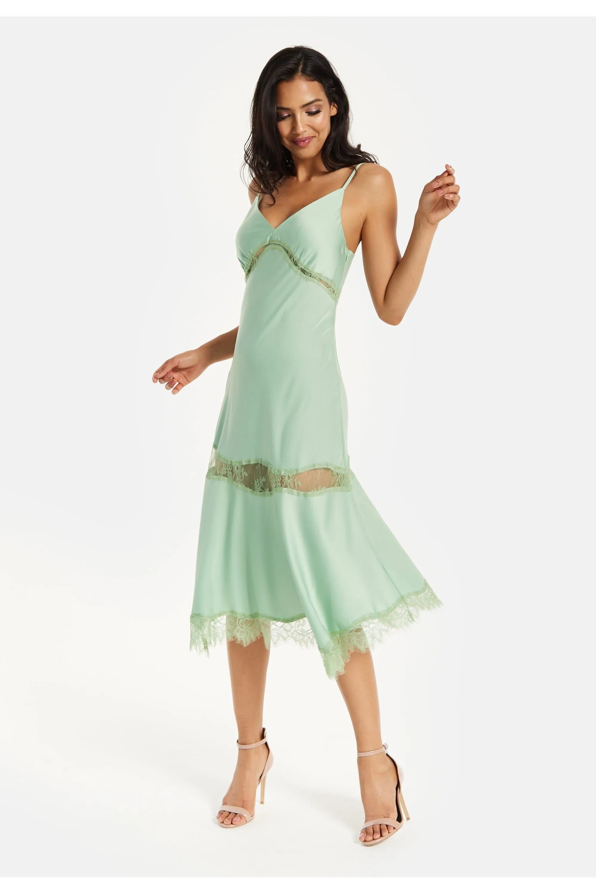 Fine Lace Detail Strip Midi Dress In Sage Green by Liquorish sold by Goddiva product image thumbnail 2