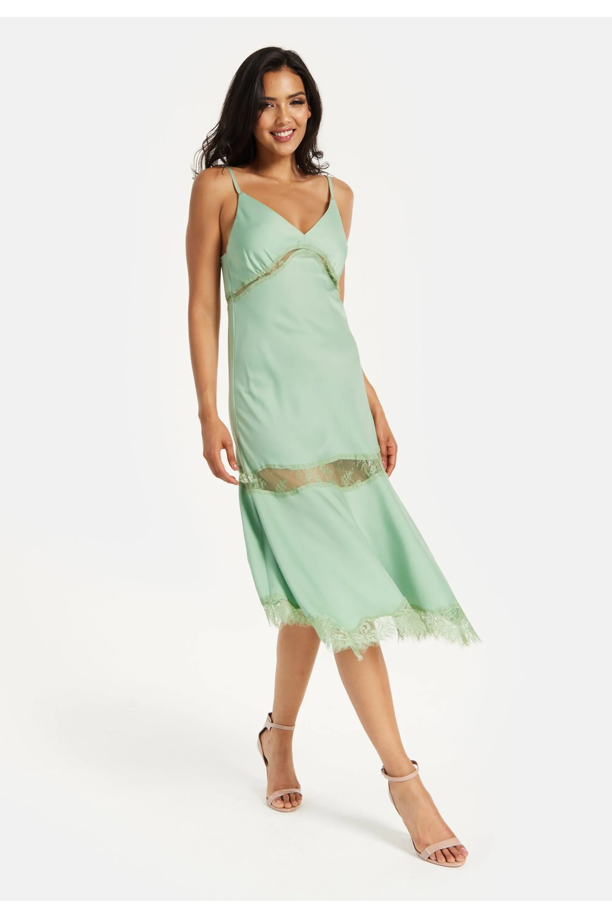 Fine Lace Detail Strip Midi Dress In Sage Green by Liquorish sold by Goddiva