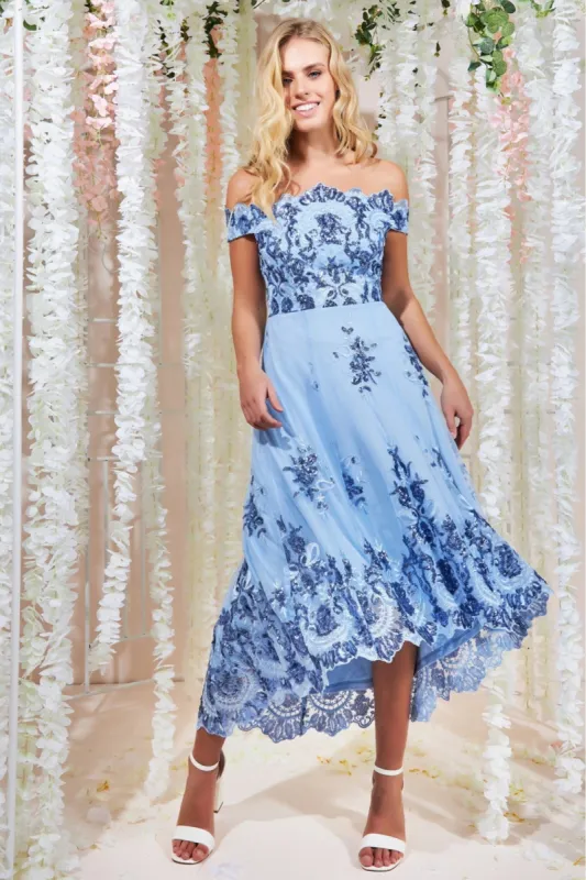 Bardot Sequin & Lace High Low Midi - Powderblue by Goddiva sold by Goddiva