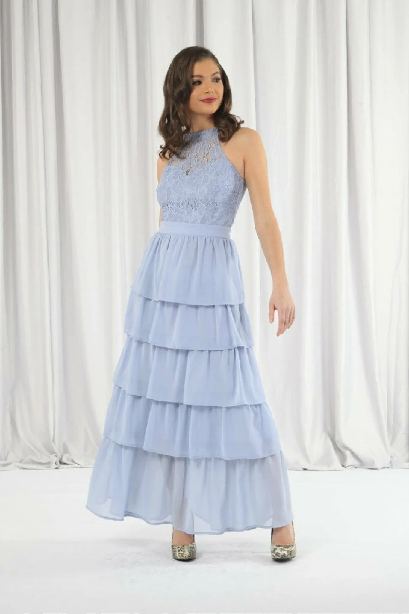 Double Second Light Blue Tiered Bridesmaid Dress sold by Goddiva