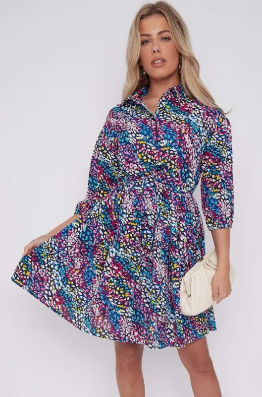 LOVE SUNSHINE Navy Rainbow Leopard Print Oversized Smock Mini Dress sold by Goddiva